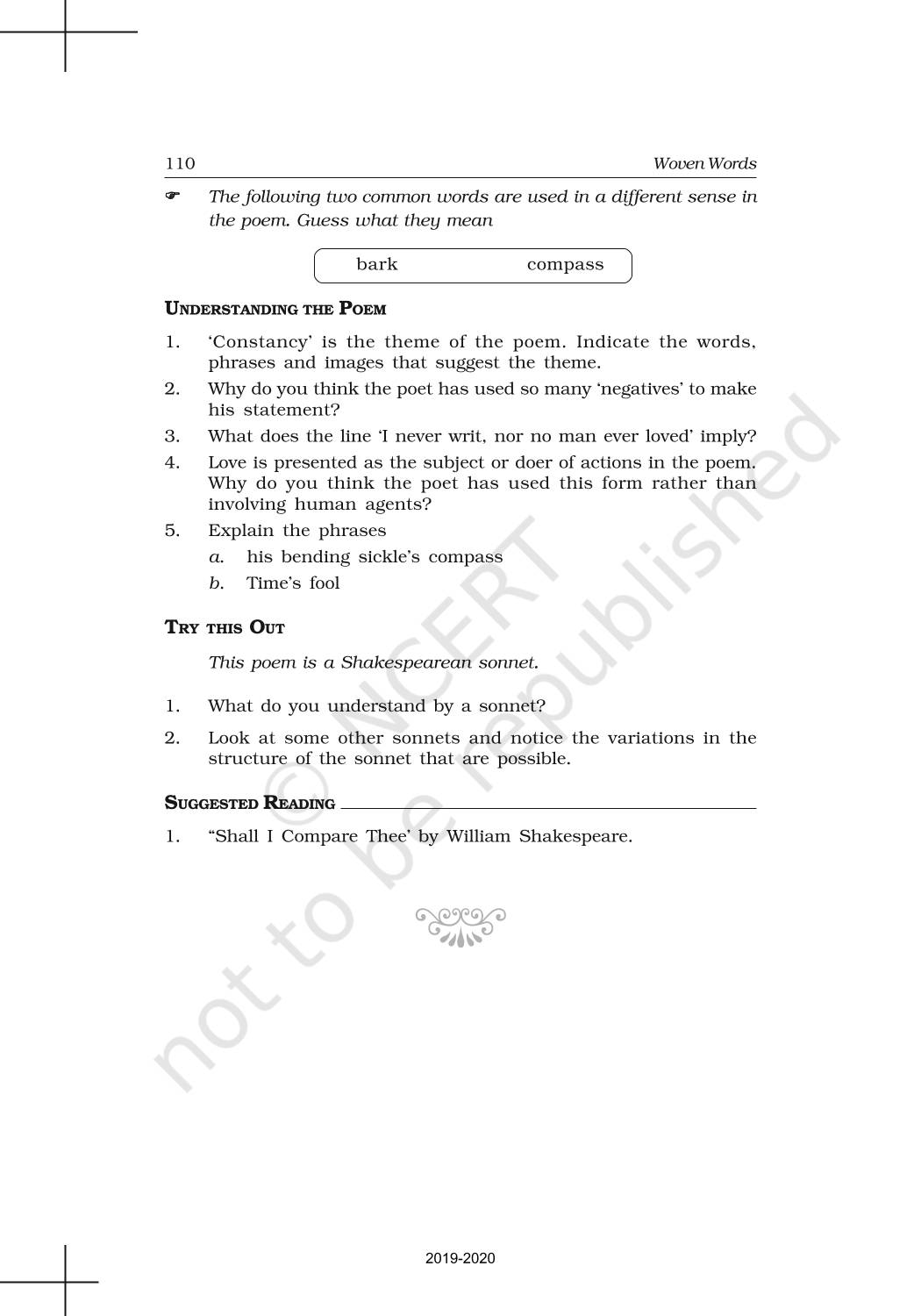 Poetry 2 Let Me Not To The Marriage Of True Minds Ncert Book Of Class